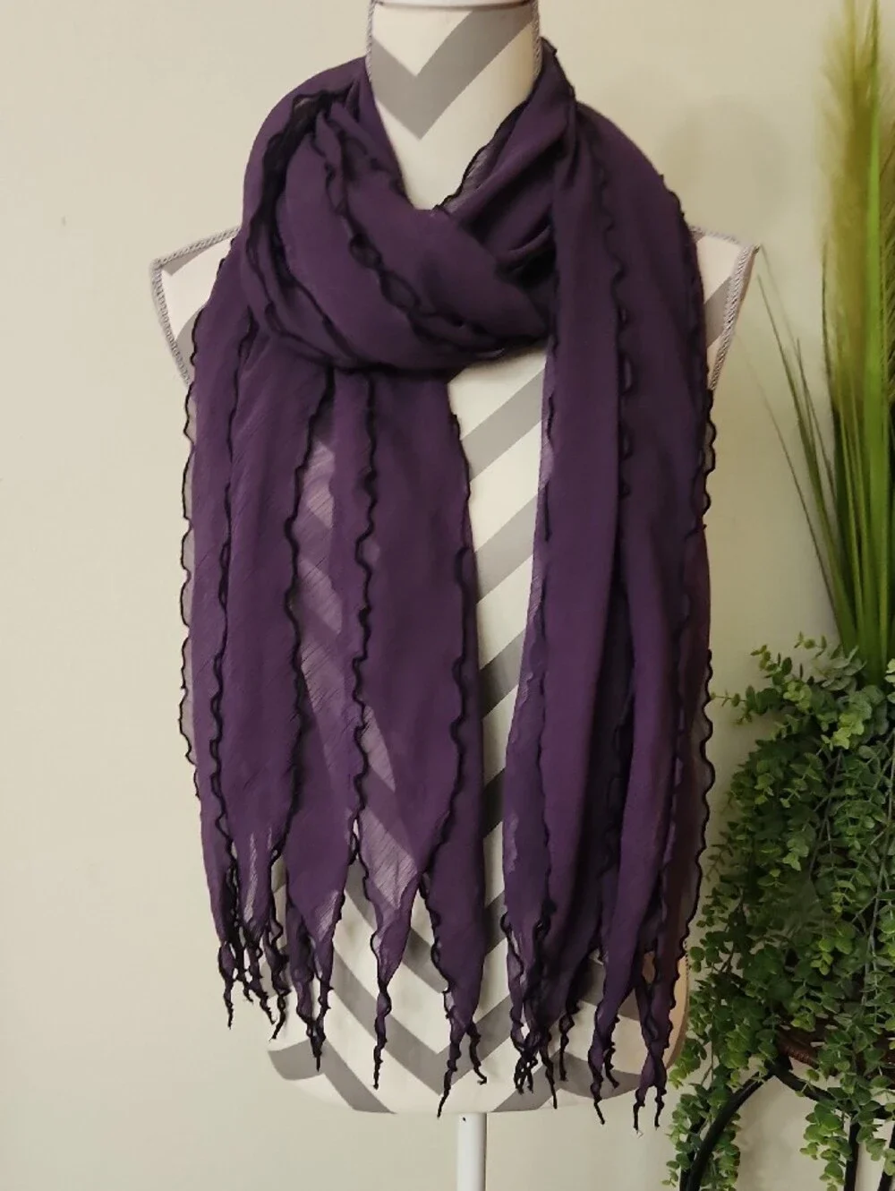 Coldwater Creek Eggplant Purple Scarf with Black Edge